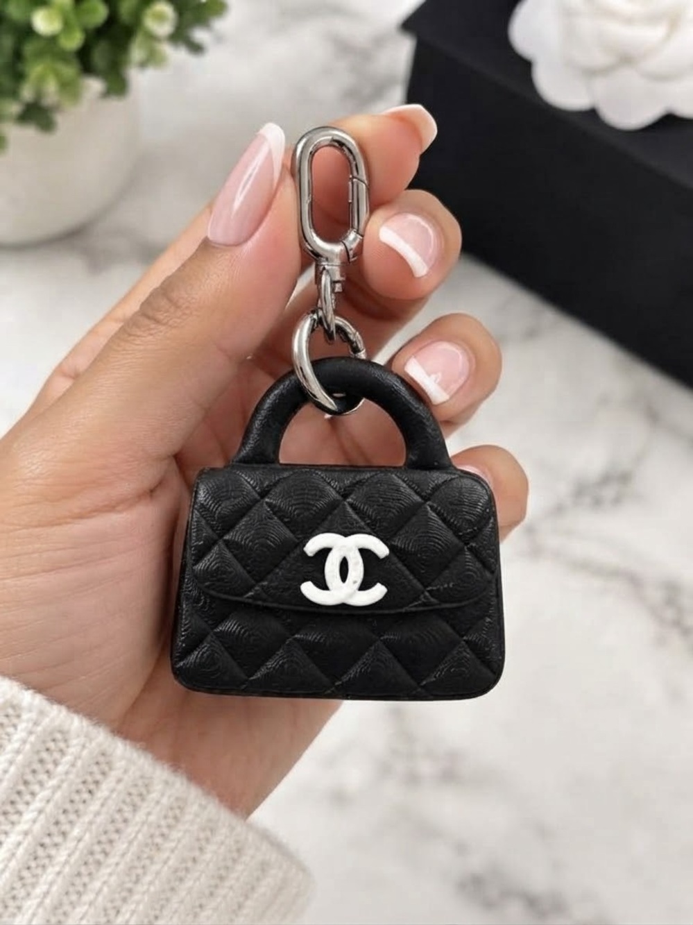 Elegant Mini Flap Bag Charm Keychain Black